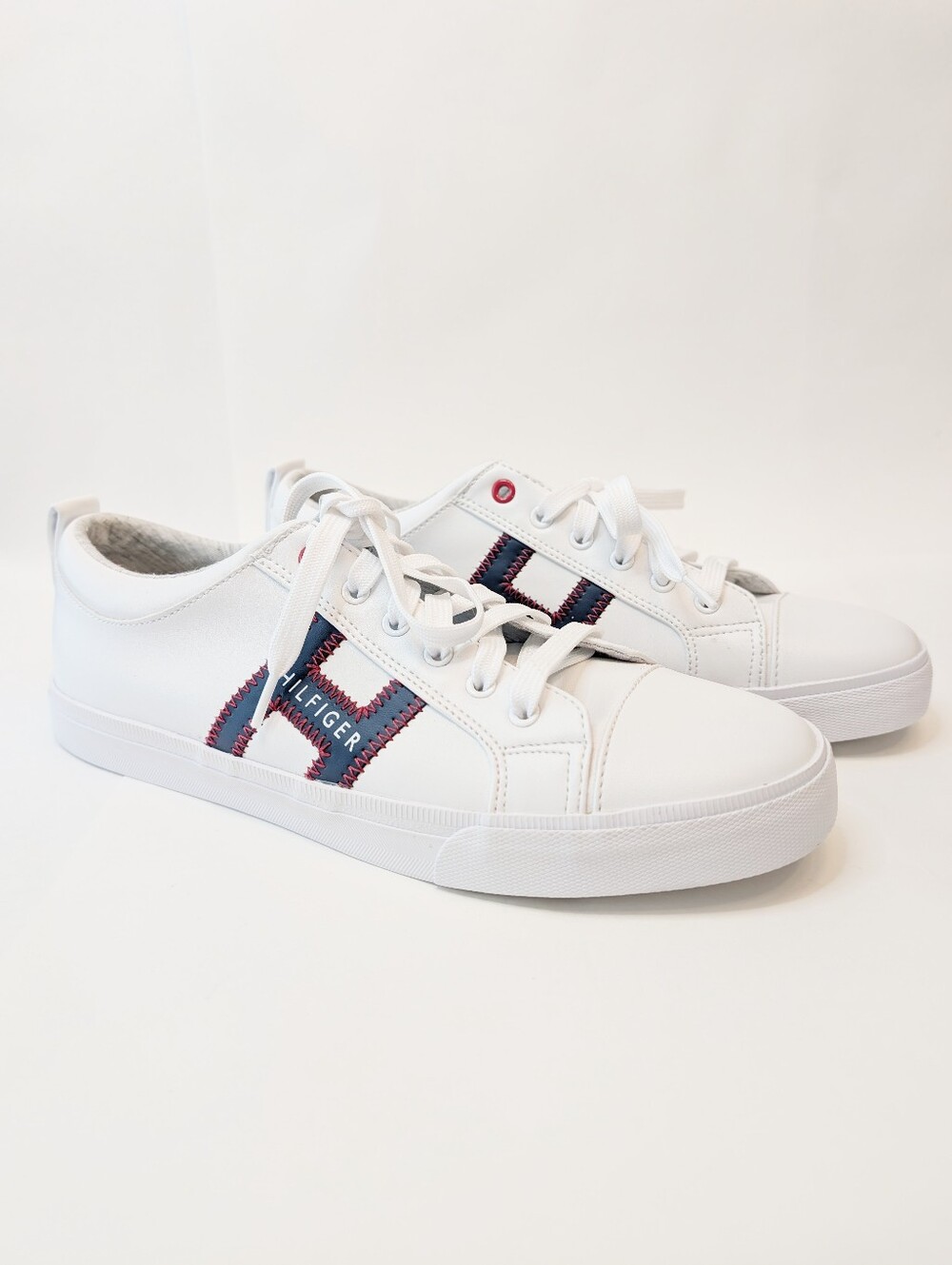 White Tommy Hilfiger Sneakers With Blue "H" Monogram + Red Stitching